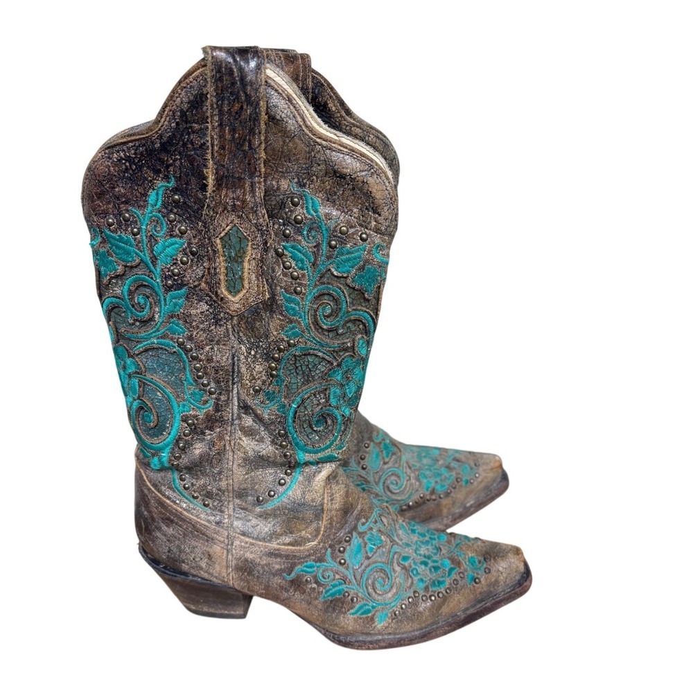 Corral Cowboy Boots Womens 6.5 Brown Turquoise Embroidered Studded Snip Toe